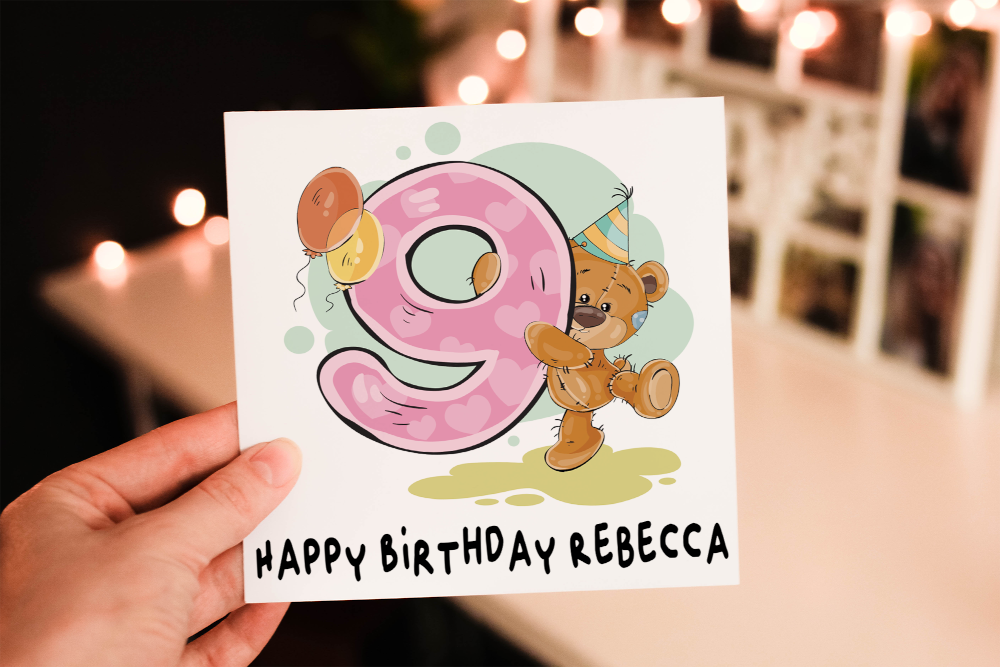 Teddy 9th Birthday Card, Card for 9th Birthday, Birthday Card - Click Image to Close